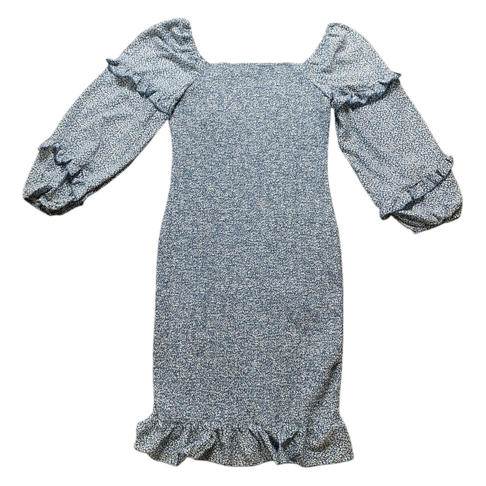 Prettygarden Blue Floral Smocked Puff Sleeve Ruffle Hem Bodycon Dress XL